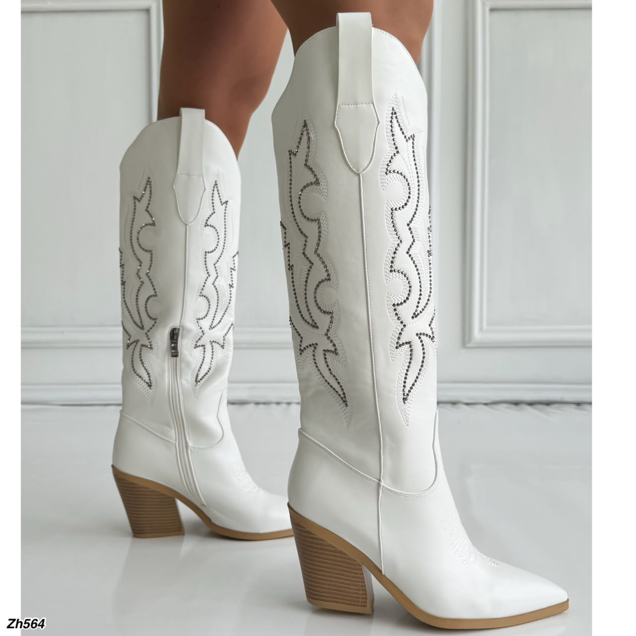 Bota texana blanco apliques brillante tacon 9cm HX3371-C1805